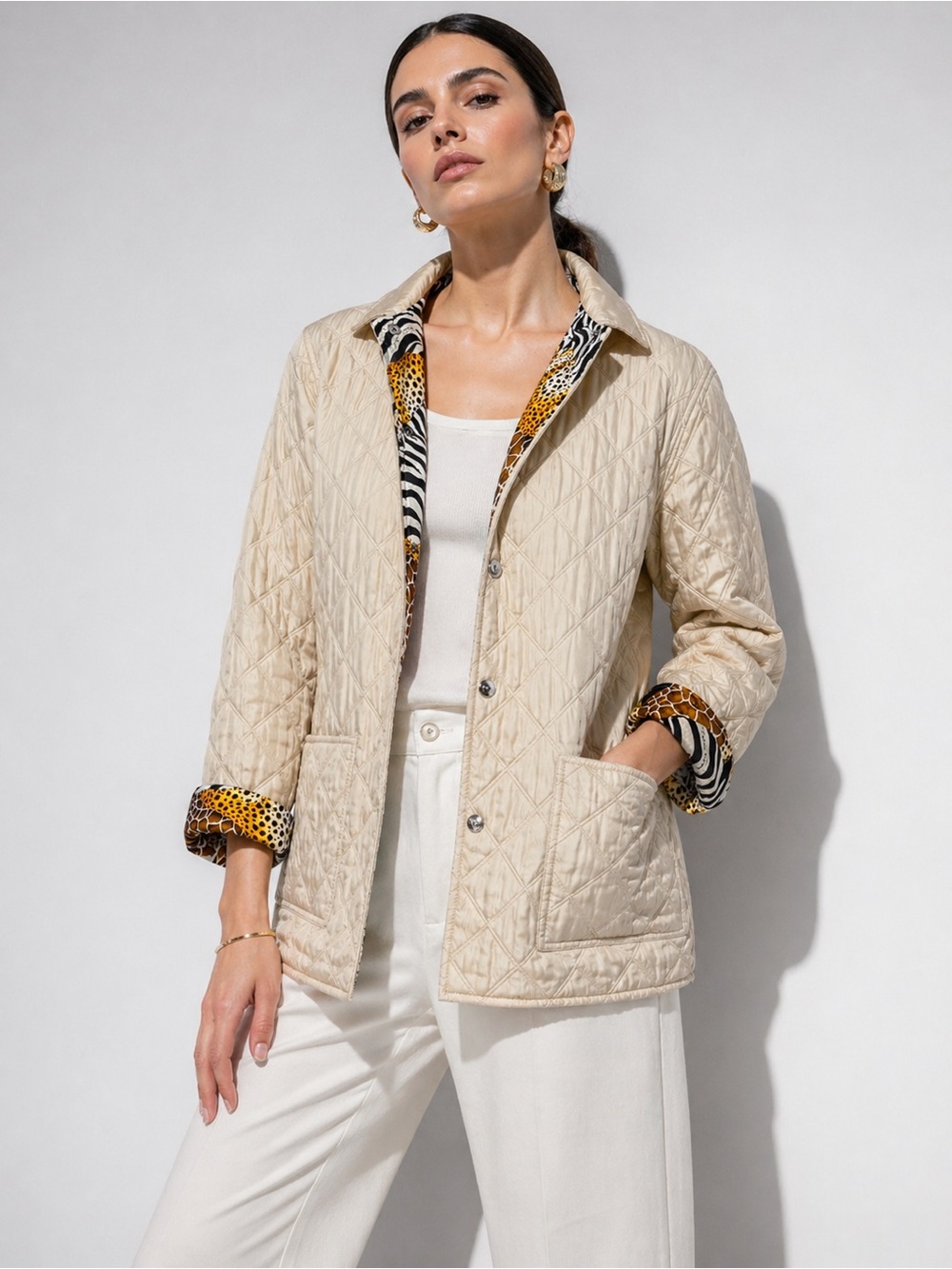 Salvatore Ferragamo Vintage Quilted‎ Jacket Silk Lined Animal Print Beige Size M
